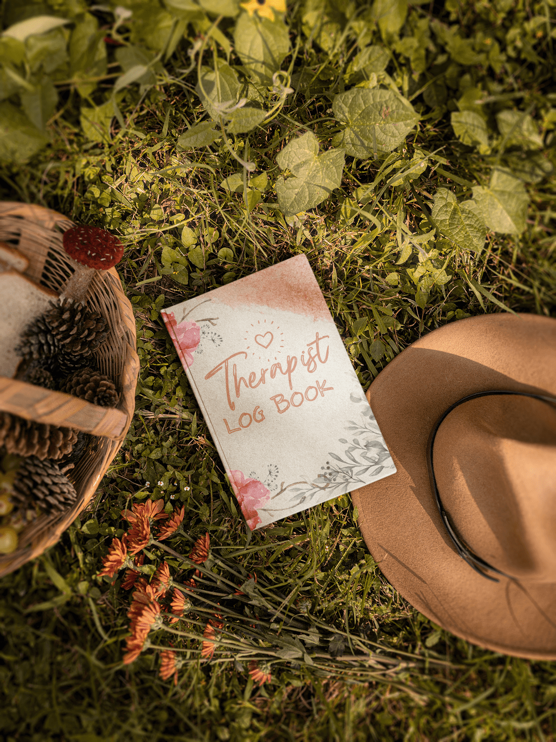 Therapist Log Book lying on grass with a straw hat and natural elements, emphasizing organization for therapy professionals.