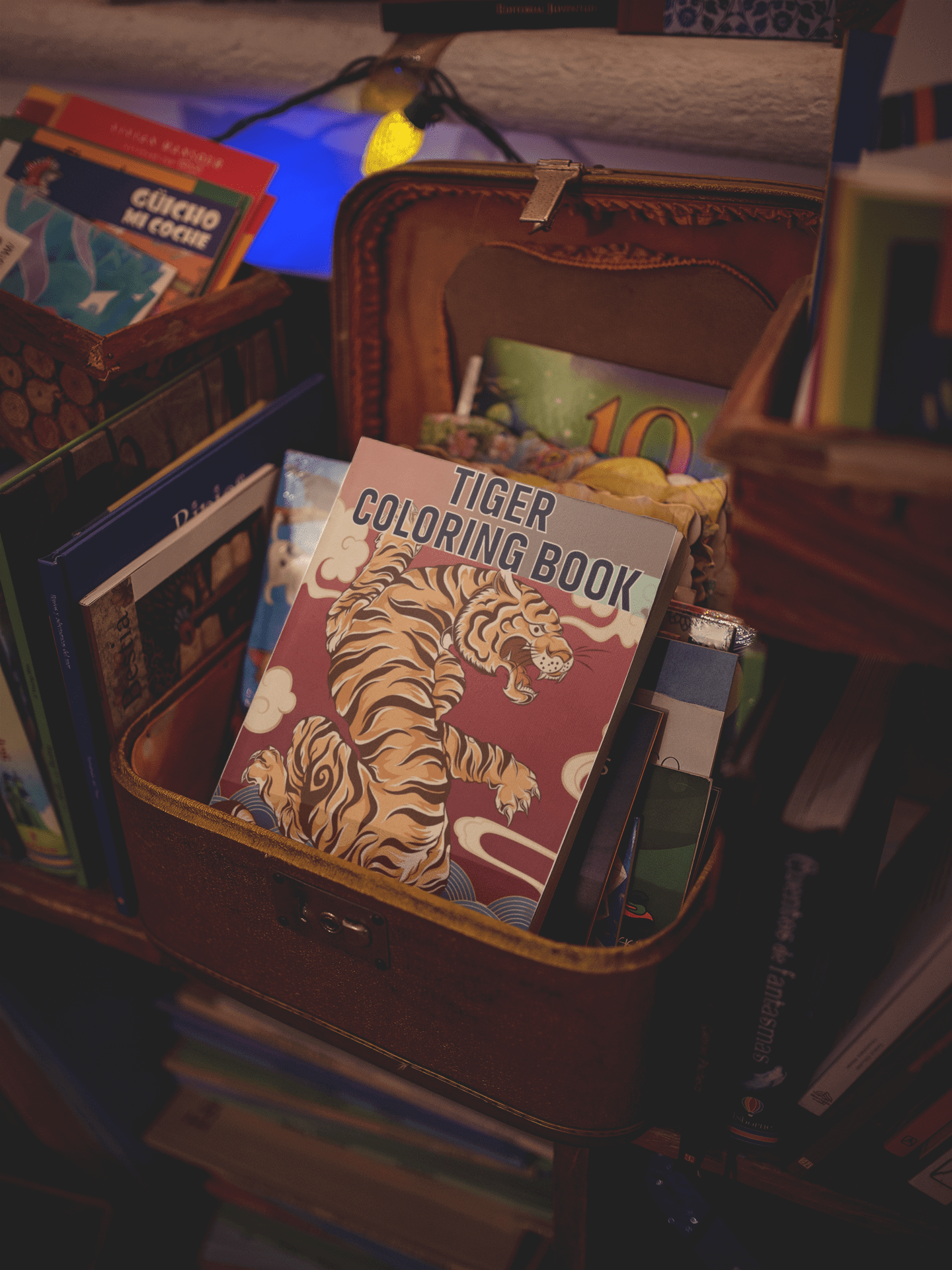 Tiger Coloring Book displayed among other colorful books in a cozy reading nook.