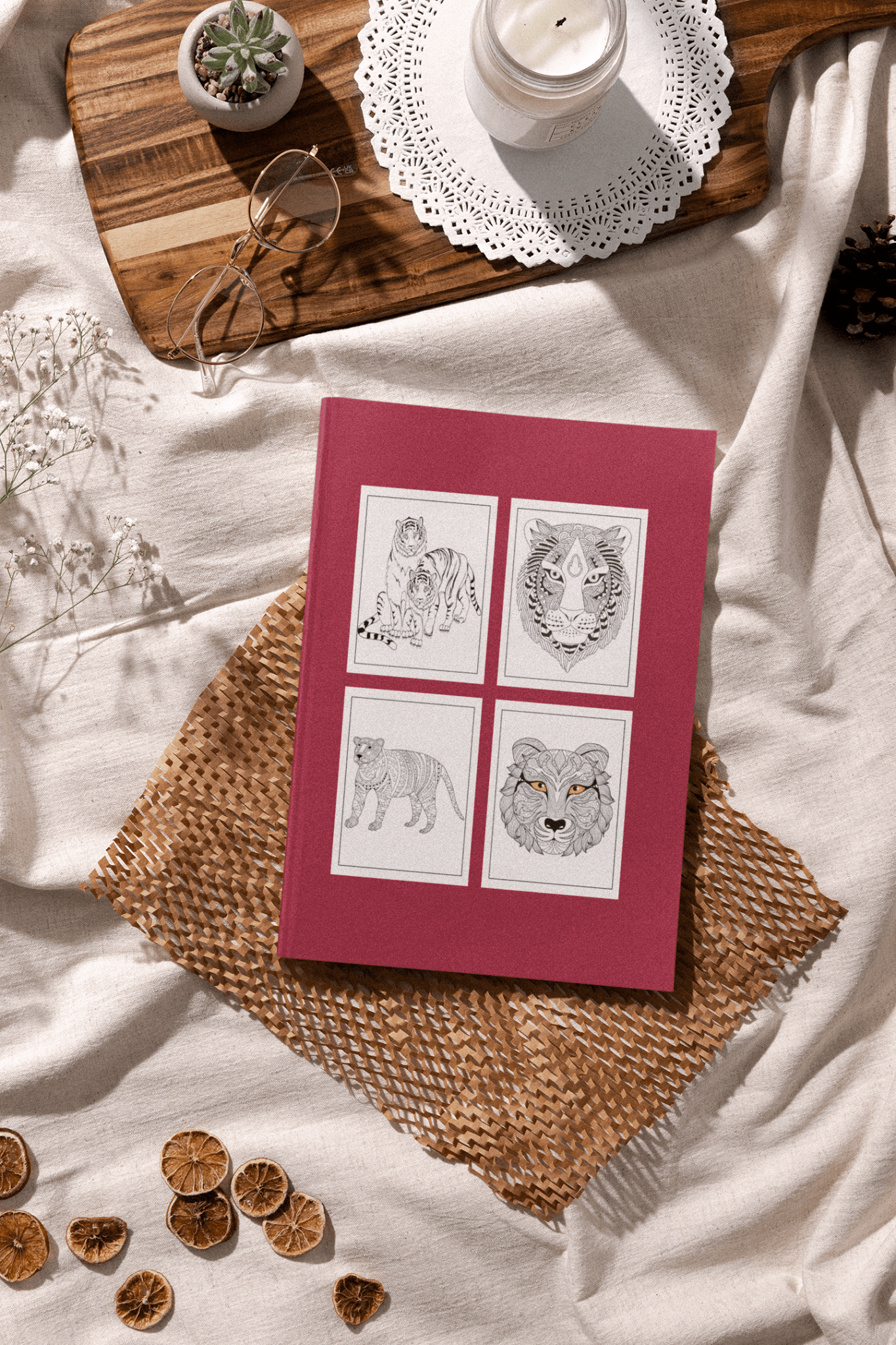 Tiger coloring book featuring intricate animal illustrations on a cozy background.