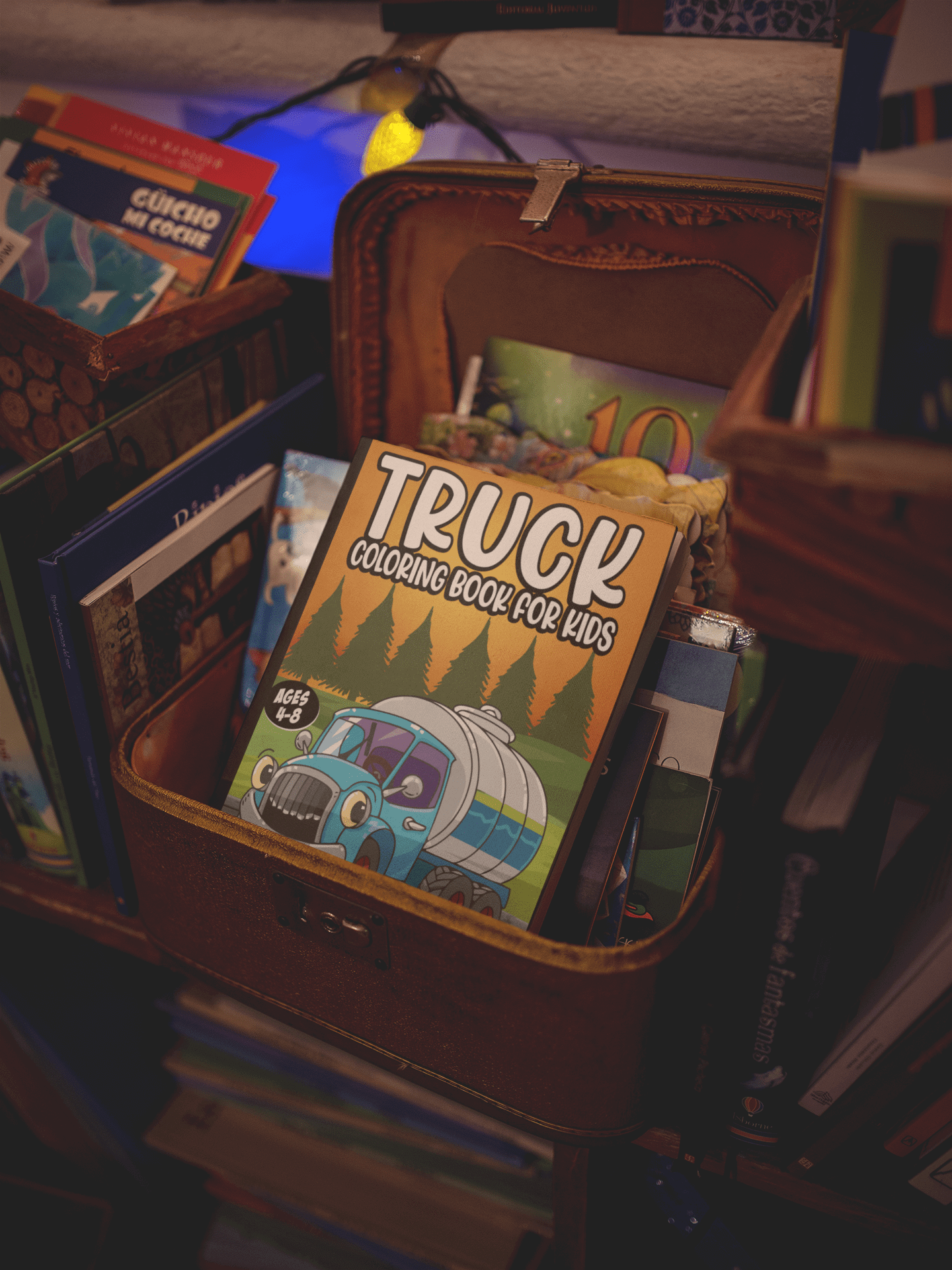 Truck coloring book for kids displayed in a storage box among other children's books.