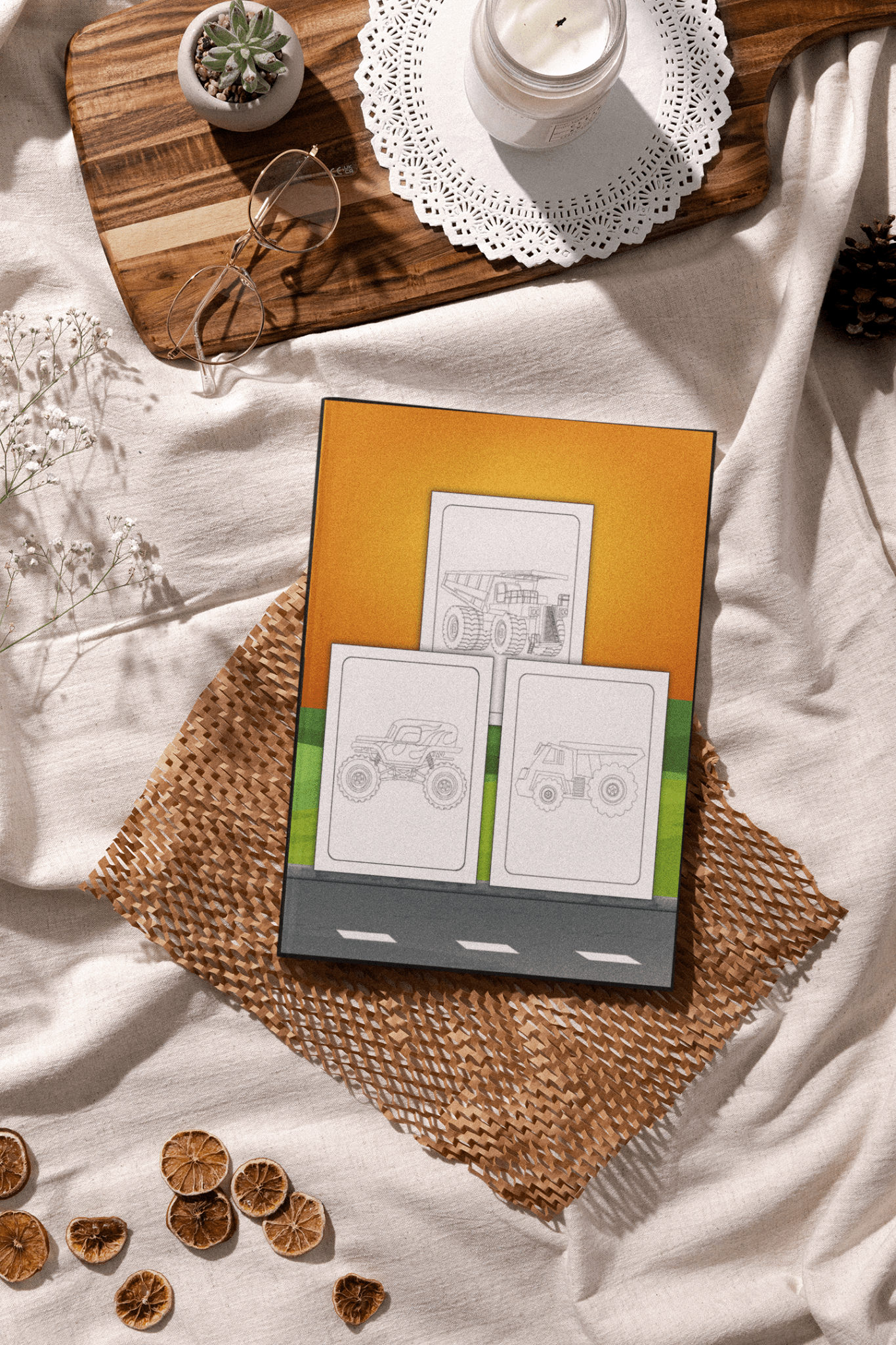 Truck coloring book for kids ages 4-8 featuring pages with various truck designs on a textured background.