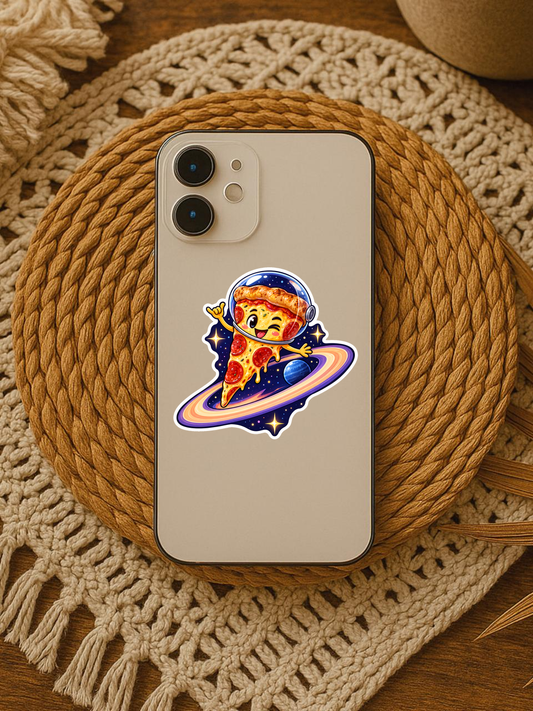 Cosmic Pizza Slice - Fun Food Vinyl Sticker sticker displayed on a phone