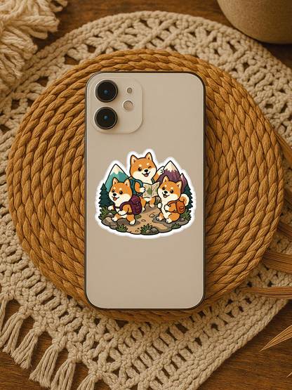 Adventure Shibas - Wearing Tiny Backpacks Vinyl Sticker vinyl sticker on a phone