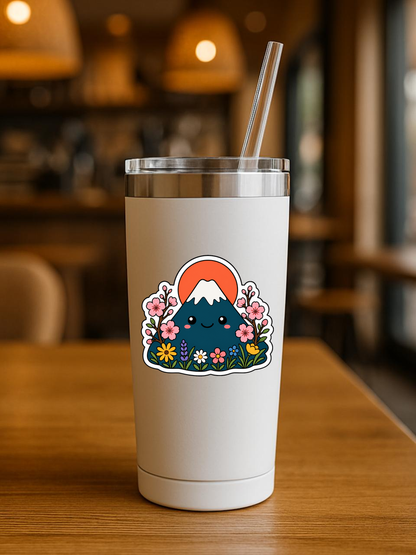 Sunset Blossom Peak vinyl sticker on a tumbler
