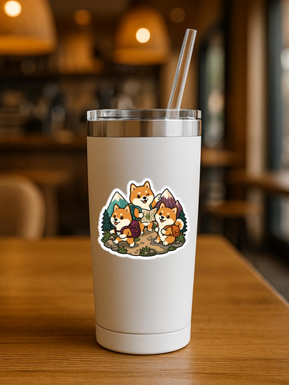 Adventure Shibas - Wearing Tiny Backpacks Vinyl Sticker vinyl sticker on a tumbler