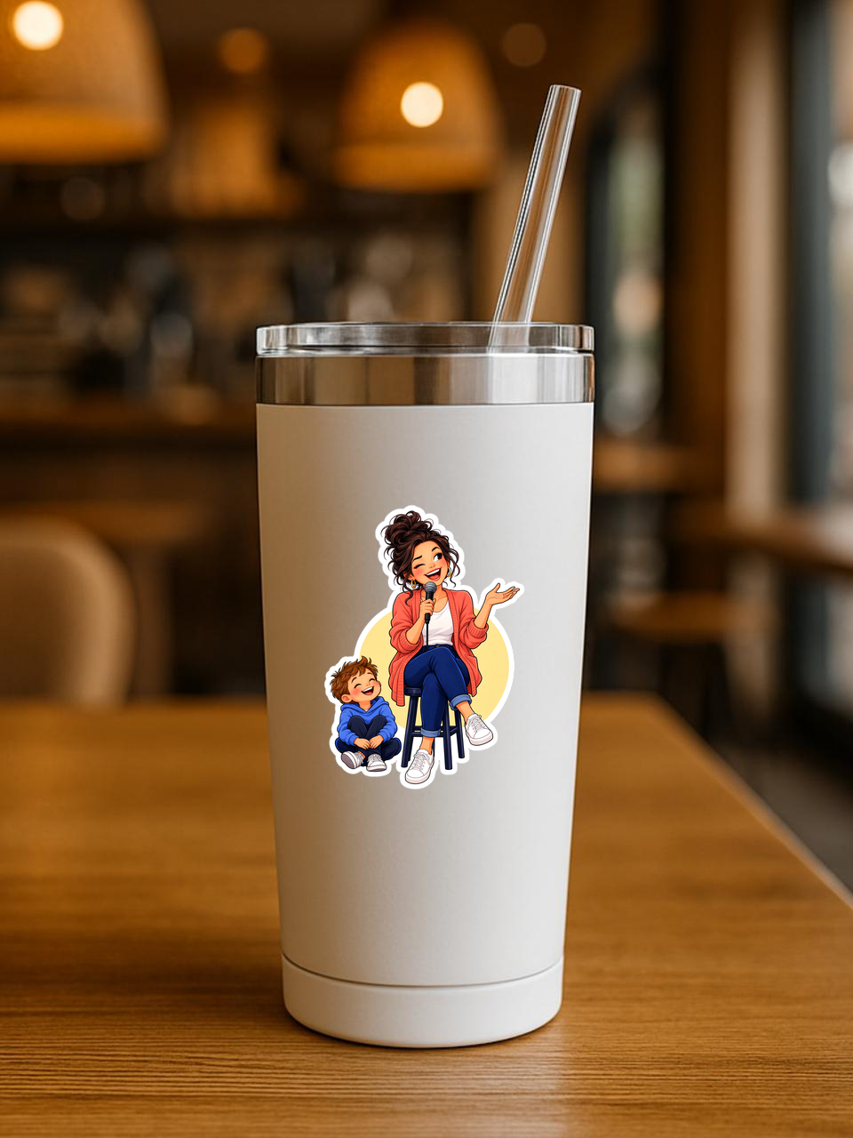 Comedy Mom Jokes Sticker sticker displayed on a tumbler