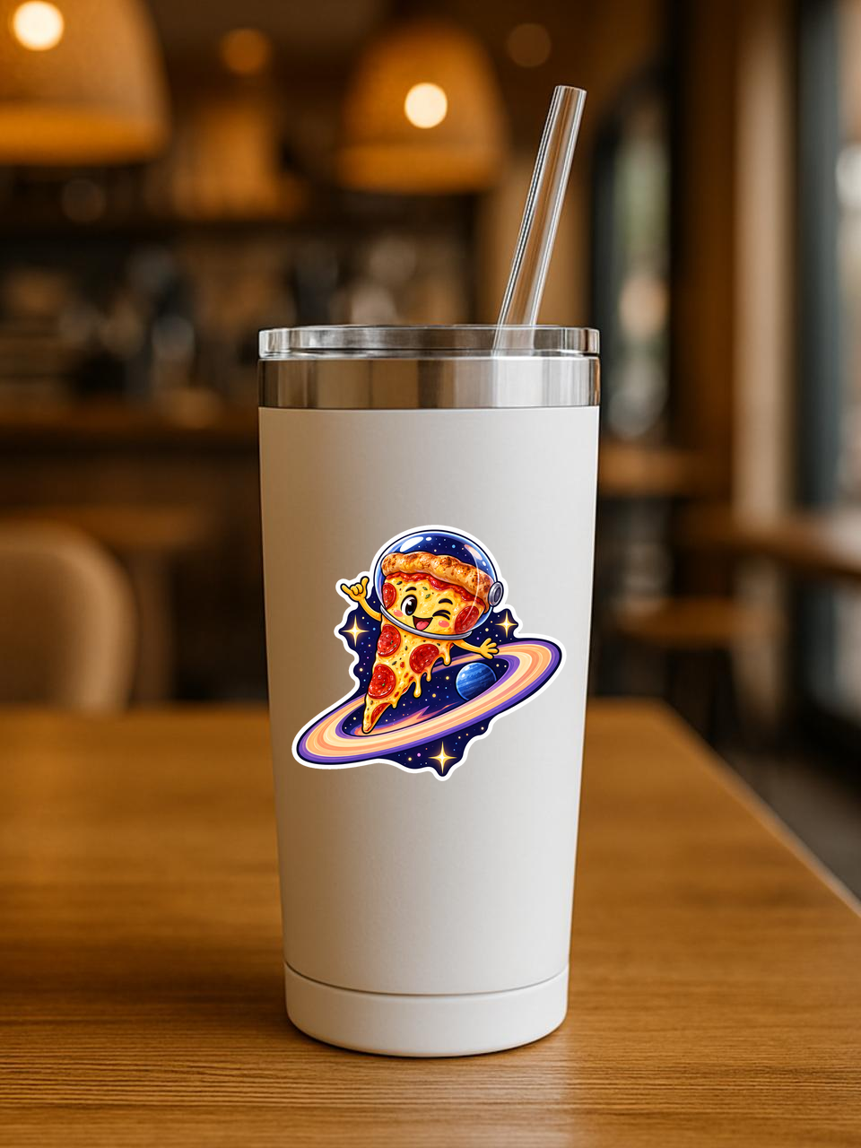 Cosmic Pizza Slice - Fun Food Vinyl Sticker sticker displayed on a tumbler