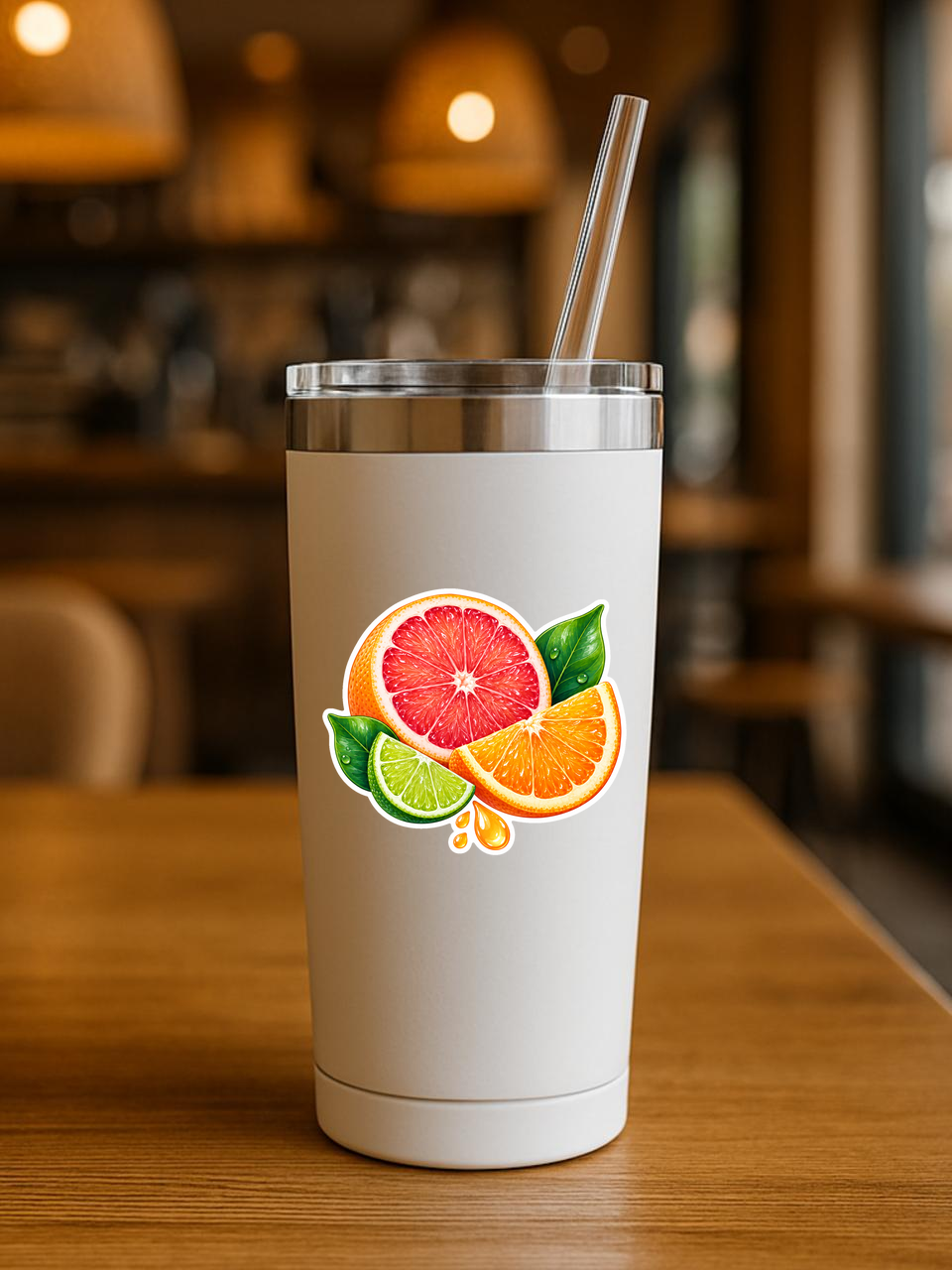 Cool Citrus Burst Vinyl Sticker sticker displayed on a tumbler