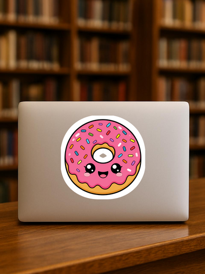 Rainbow Sprinkle Frosted Donut vinyl sticker on a laptop