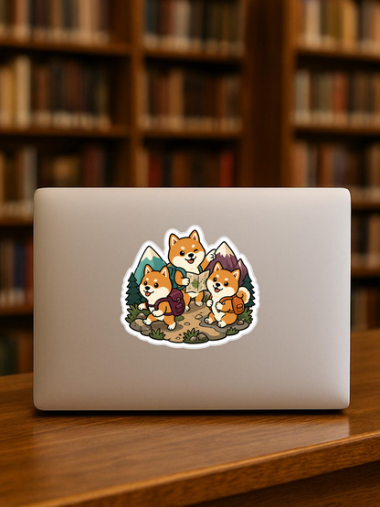 Adventure Shibas - Wearing Tiny Backpacks Vinyl Sticker vinyl sticker on a laptop