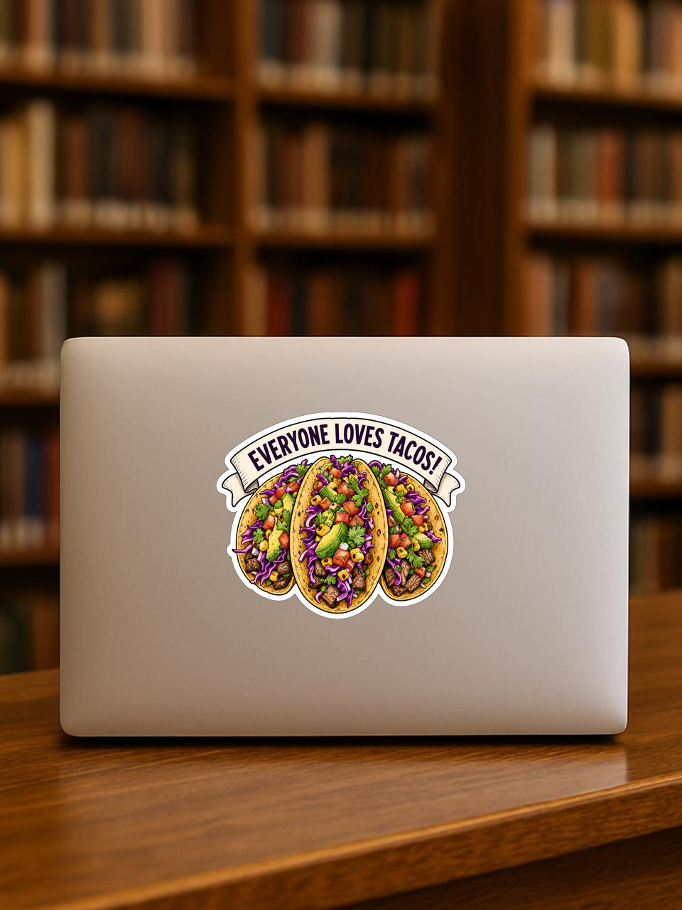 Mockup showing the Everyone Loves Tacos! sticker design on the back of a laptop in front of bookshelves.