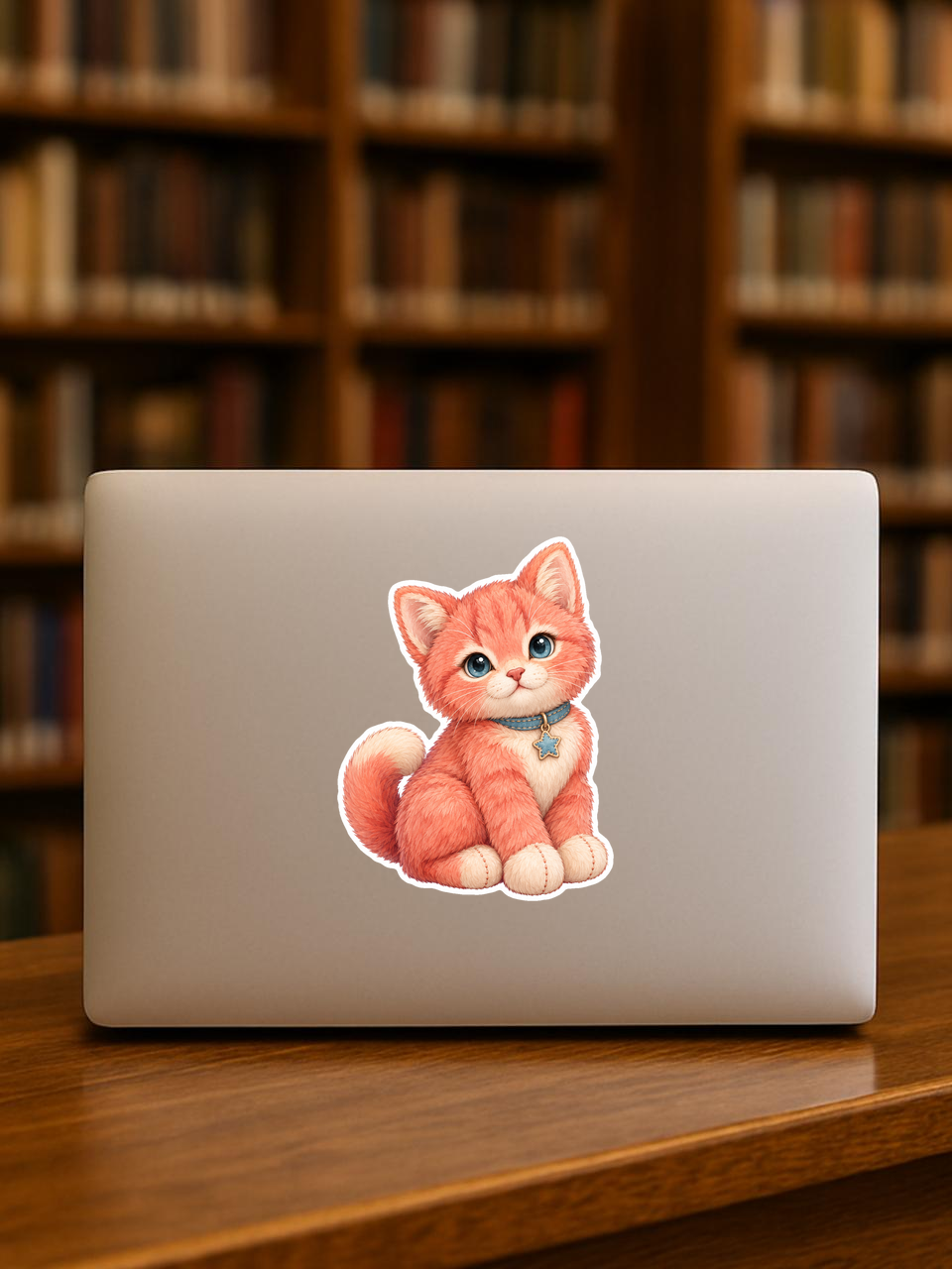 Coral Plush Kitten Sticker sticker displayed on a laptop