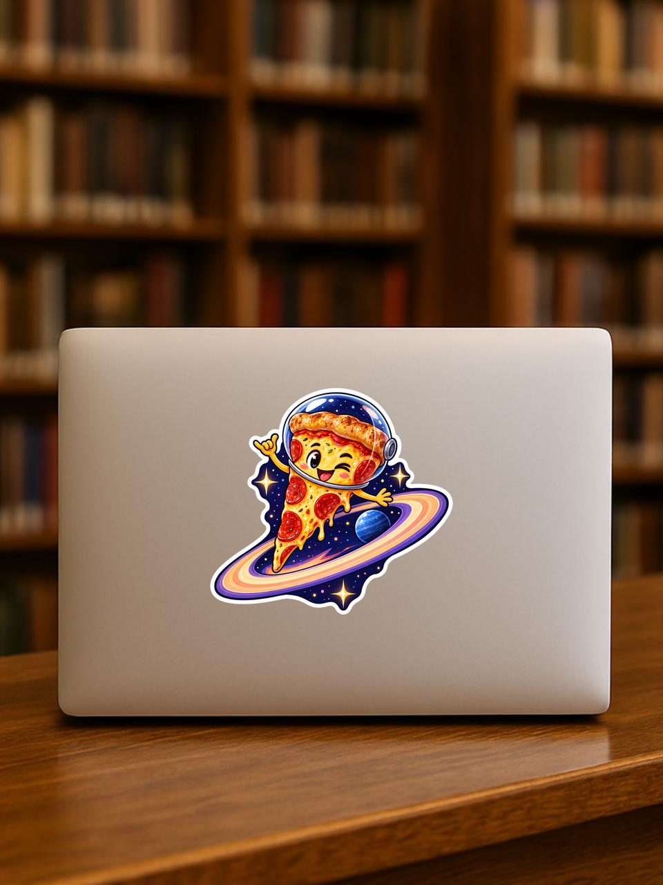 Cosmic Pizza Slice - Fun Food Vinyl Sticker sticker displayed on a laptop