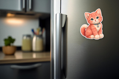 Coral Plush Kitten Sticker flat magnet displayed on a refrigerator
