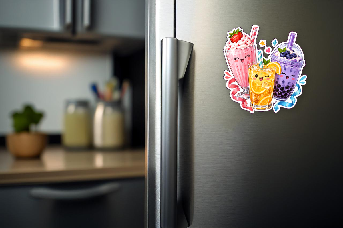 Colorful Sweet Drinks Party Sticker flat magnet displayed on a refrigerator