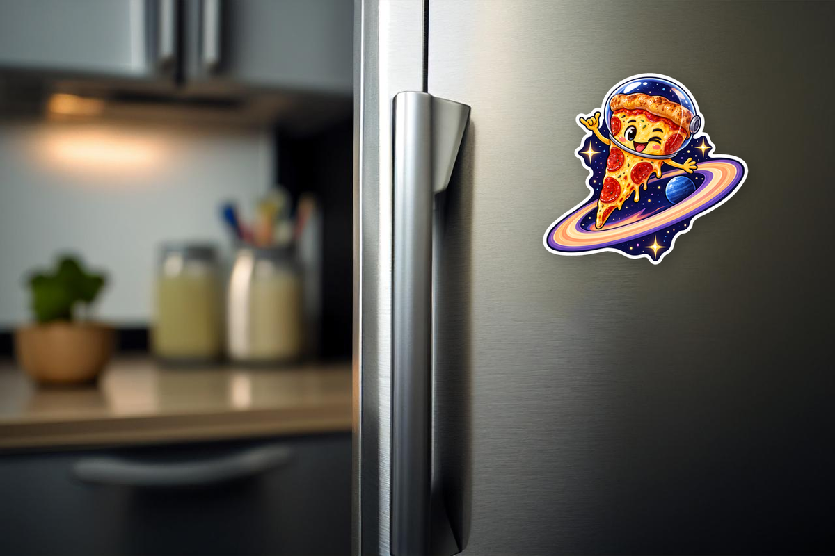 Cosmic Pizza Slice - Fun Food Vinyl Sticker flat magnet displayed on a refrigerator