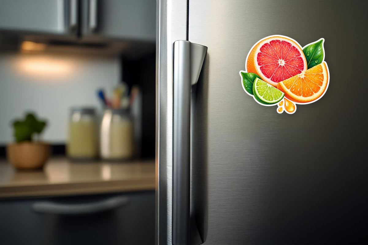 Cool Citrus Burst Vinyl Sticker flat magnet displayed on a refrigerator