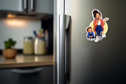 Comedy Mom Jokes Sticker flat magnet displayed on a refrigerator