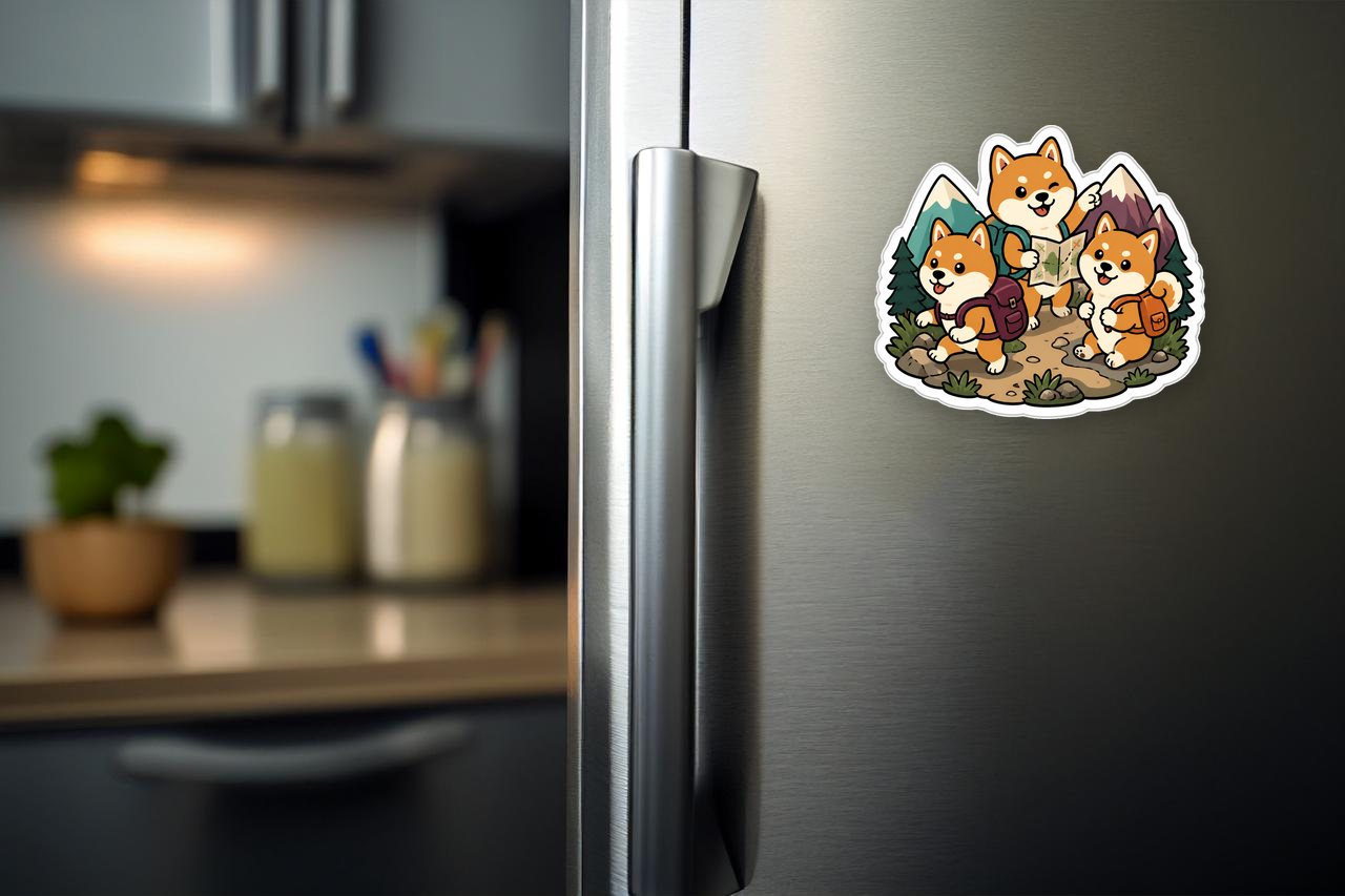 Adventure Shibas - Wearing Tiny Backpacks Vinyl Sticker flat magnet on a refrigerator