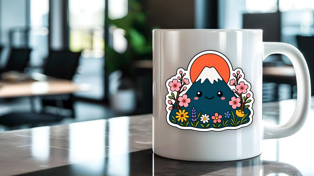 Sunset Blossom Peak sticker on a mug