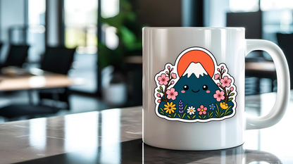 Sunset Blossom Peak sticker on a mug