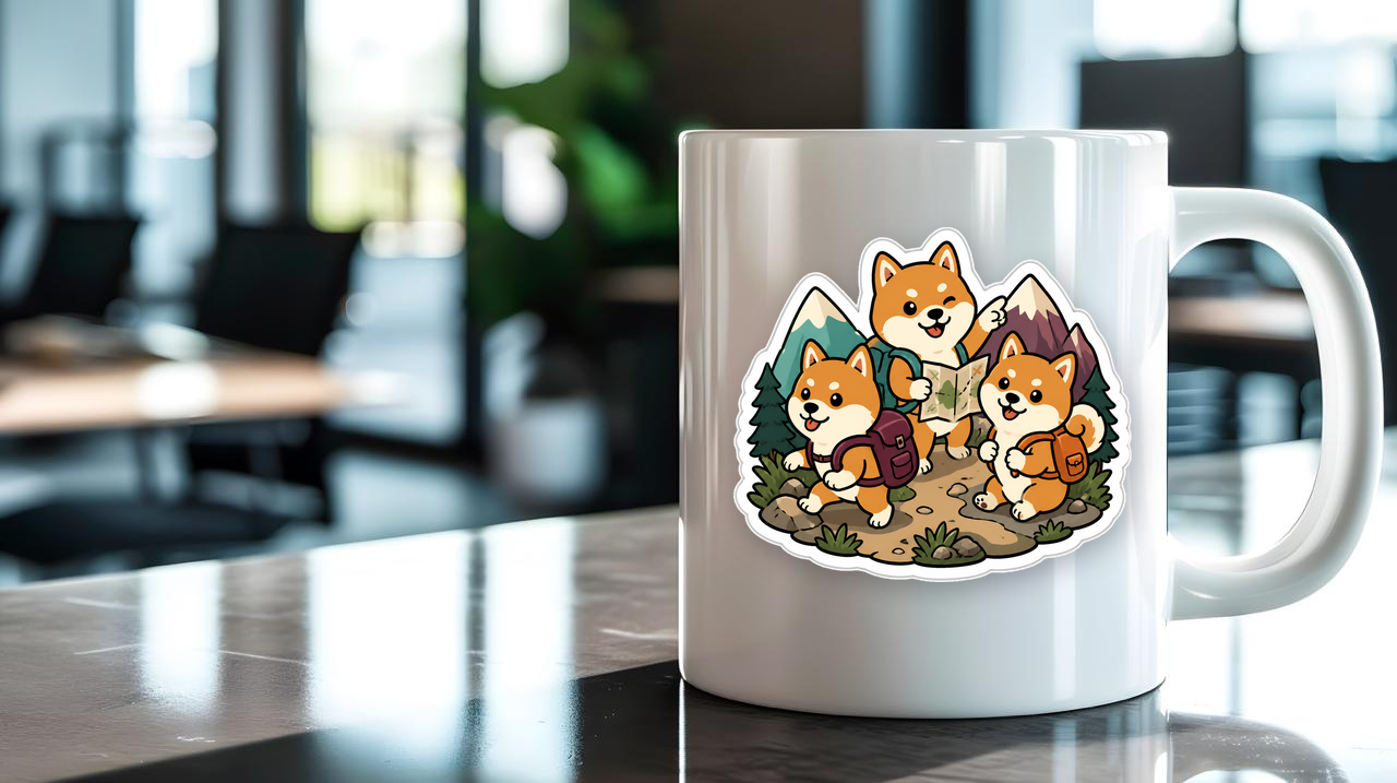 Adventure Shibas - Wearing Tiny Backpacks Vinyl Sticker sticker on a mug