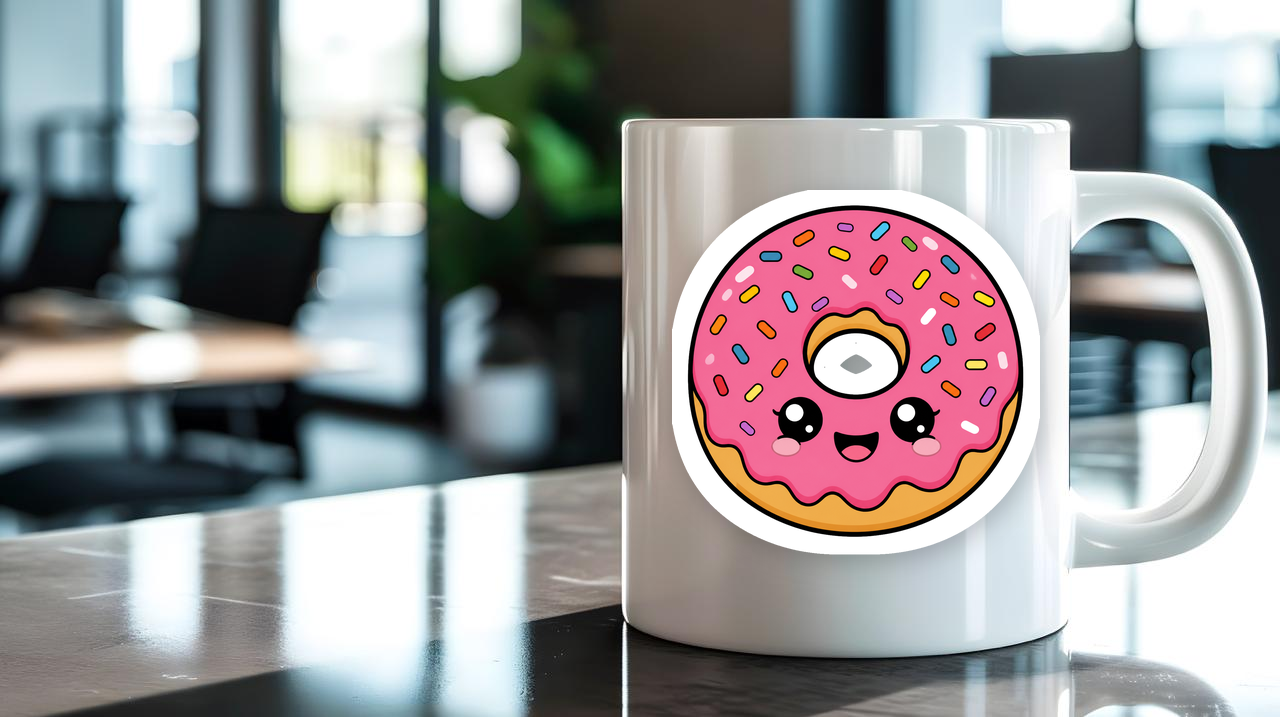Rainbow Sprinkle Frosted Donut sticker on a mug
