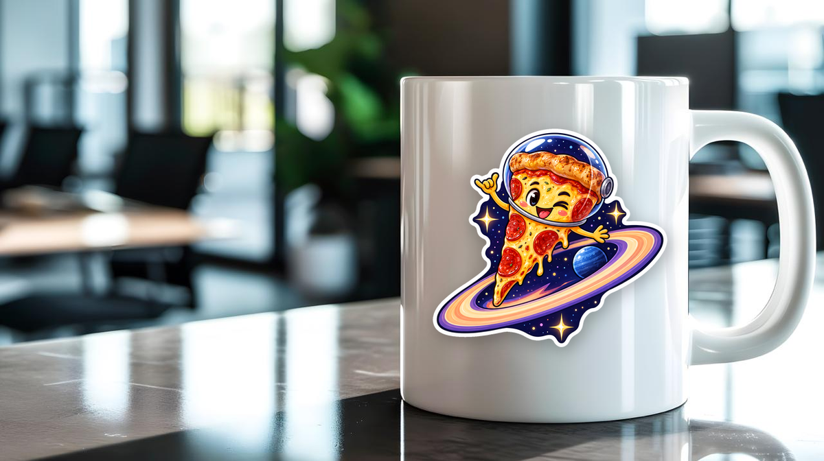 Cosmic Pizza Slice - Fun Food Vinyl Sticker sticker displayed on a mug