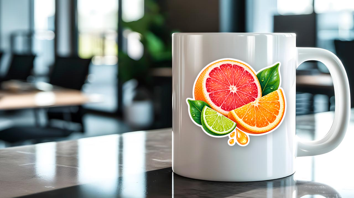 Cool Citrus Burst Vinyl Sticker sticker displayed on a mug