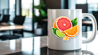 Cool Citrus Burst Vinyl Sticker sticker displayed on a mug