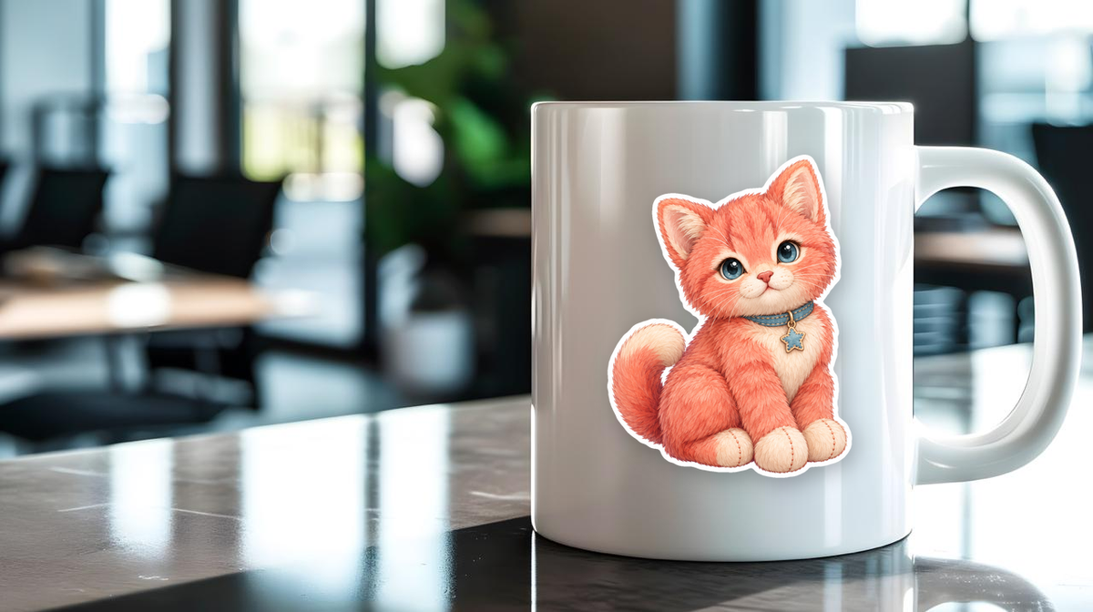 Coral Plush Kitten Sticker sticker displayed on a mug