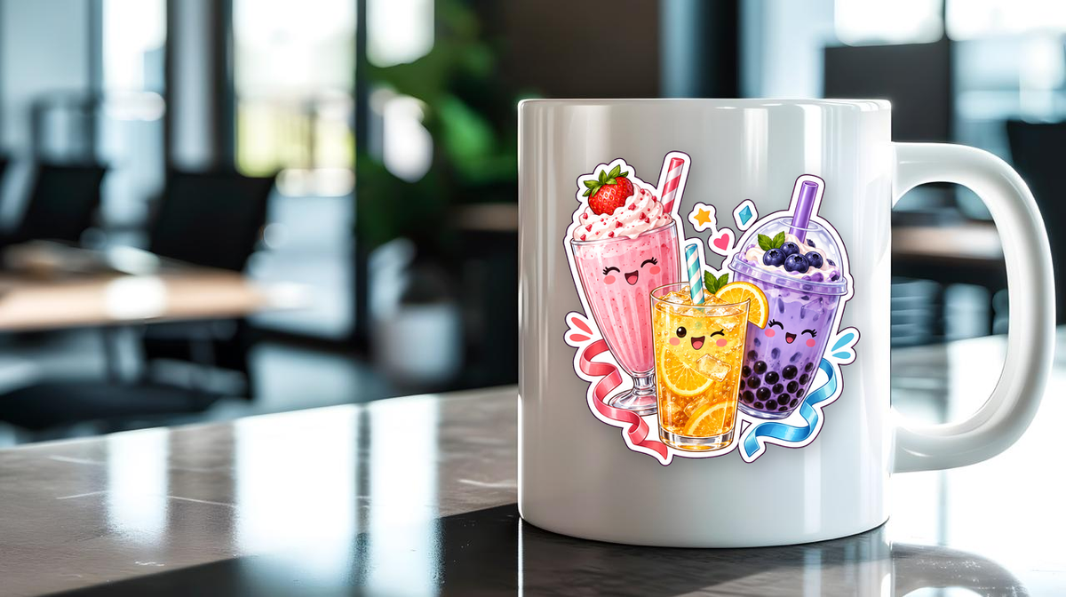 Colorful Sweet Drinks Party Sticker sticker displayed on a mug
