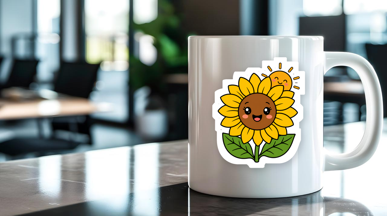 Rise & Shine Sunflower sticker on a mug