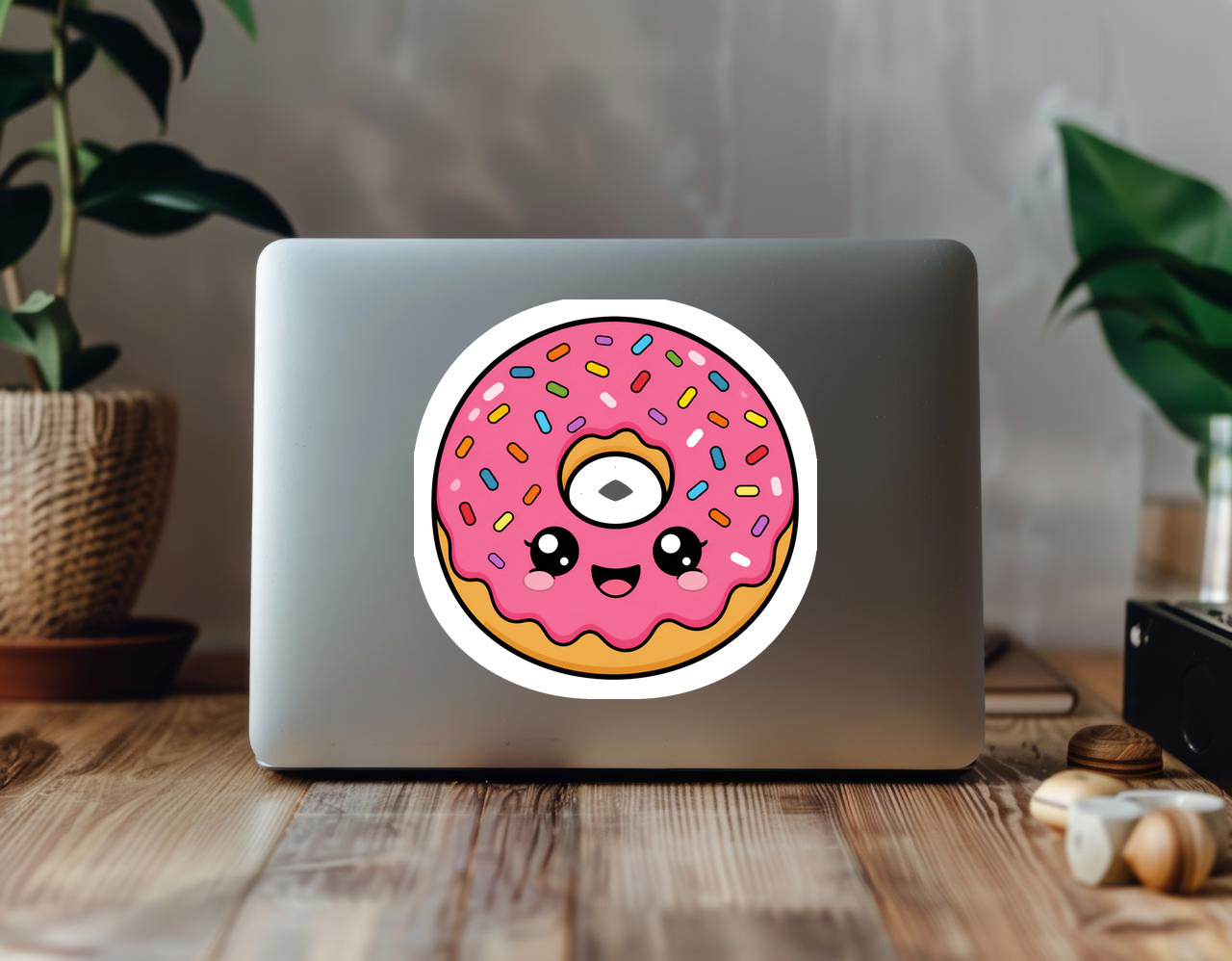 Rainbow Sprinkle Frosted Donut sticker on a laptop in a plant-filled workspace