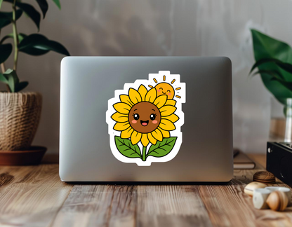 Rise & Shine Sunflower sticker on a laptop in a plant-filled workspace