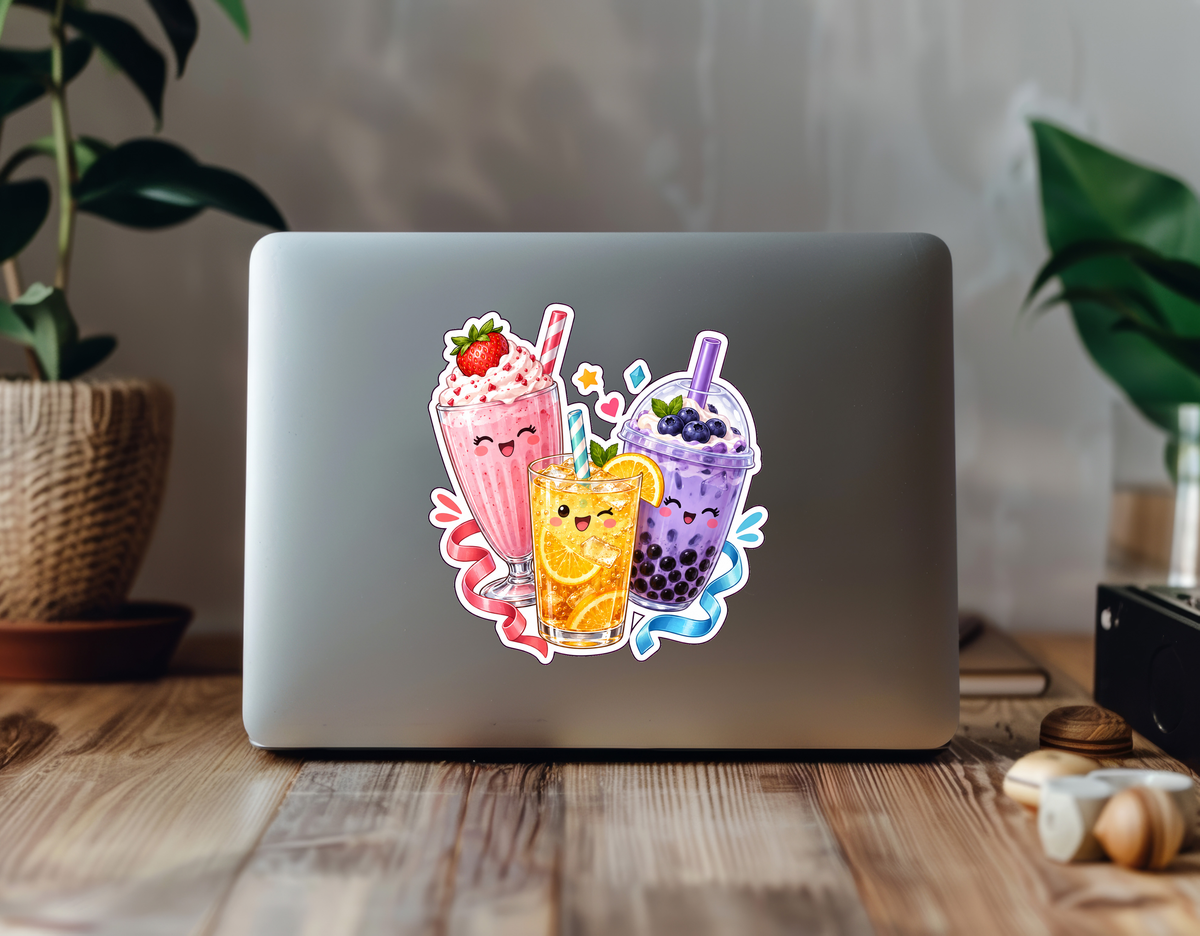 Colorful Sweet Drinks Party Sticker sticker displayed on a laptop in a plant-filled workspace