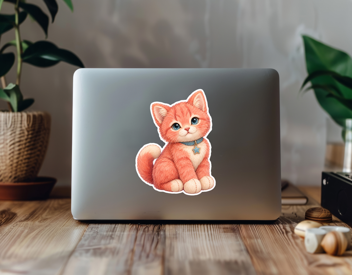 Coral Plush Kitten Sticker sticker displayed on a laptop in a plant-filled workspace