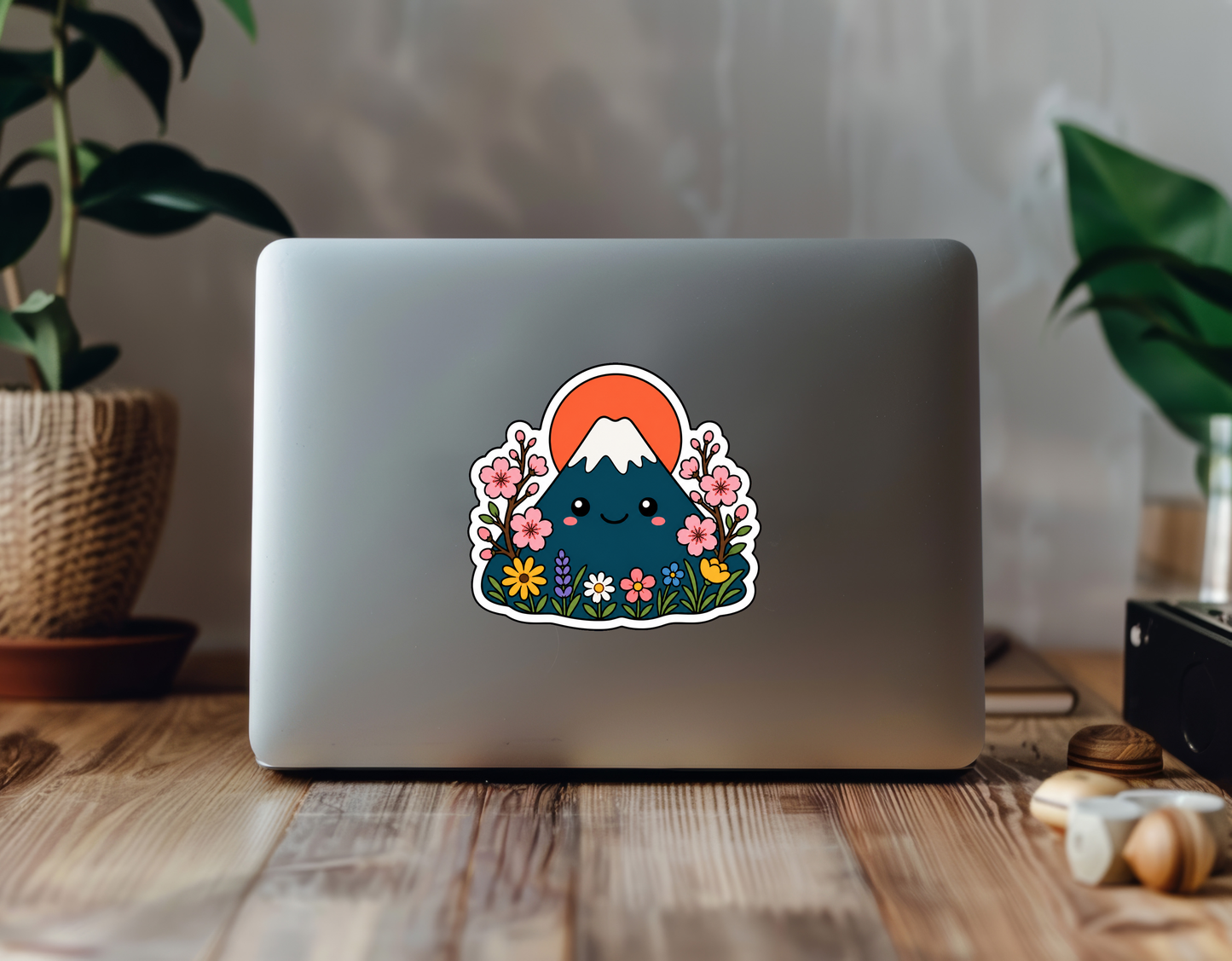 Sunset Blossom Peak sticker on a laptop in a plant-filled workspace