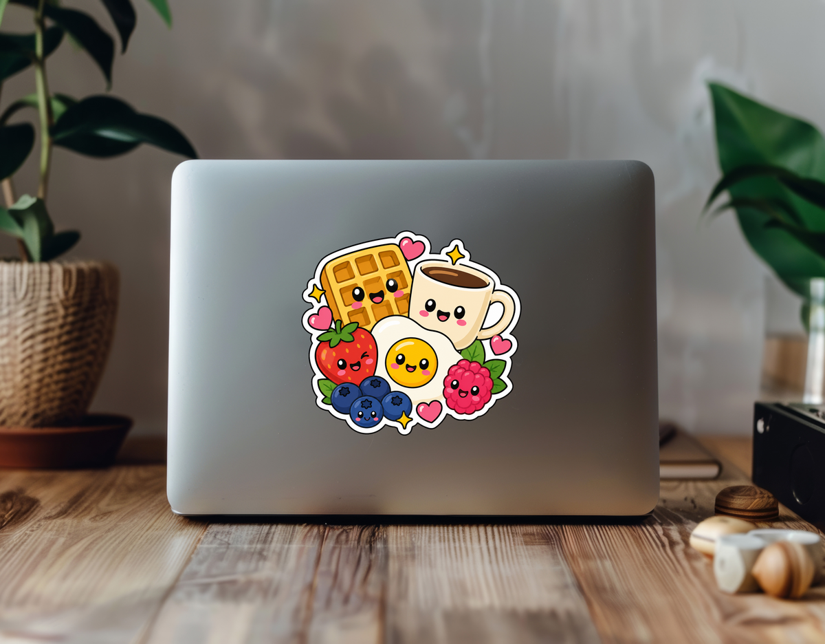 Breakfast Blend sticker on a laptop in a plant-filled workspace