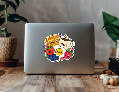 Breakfast Blend sticker on a laptop in a plant-filled workspace