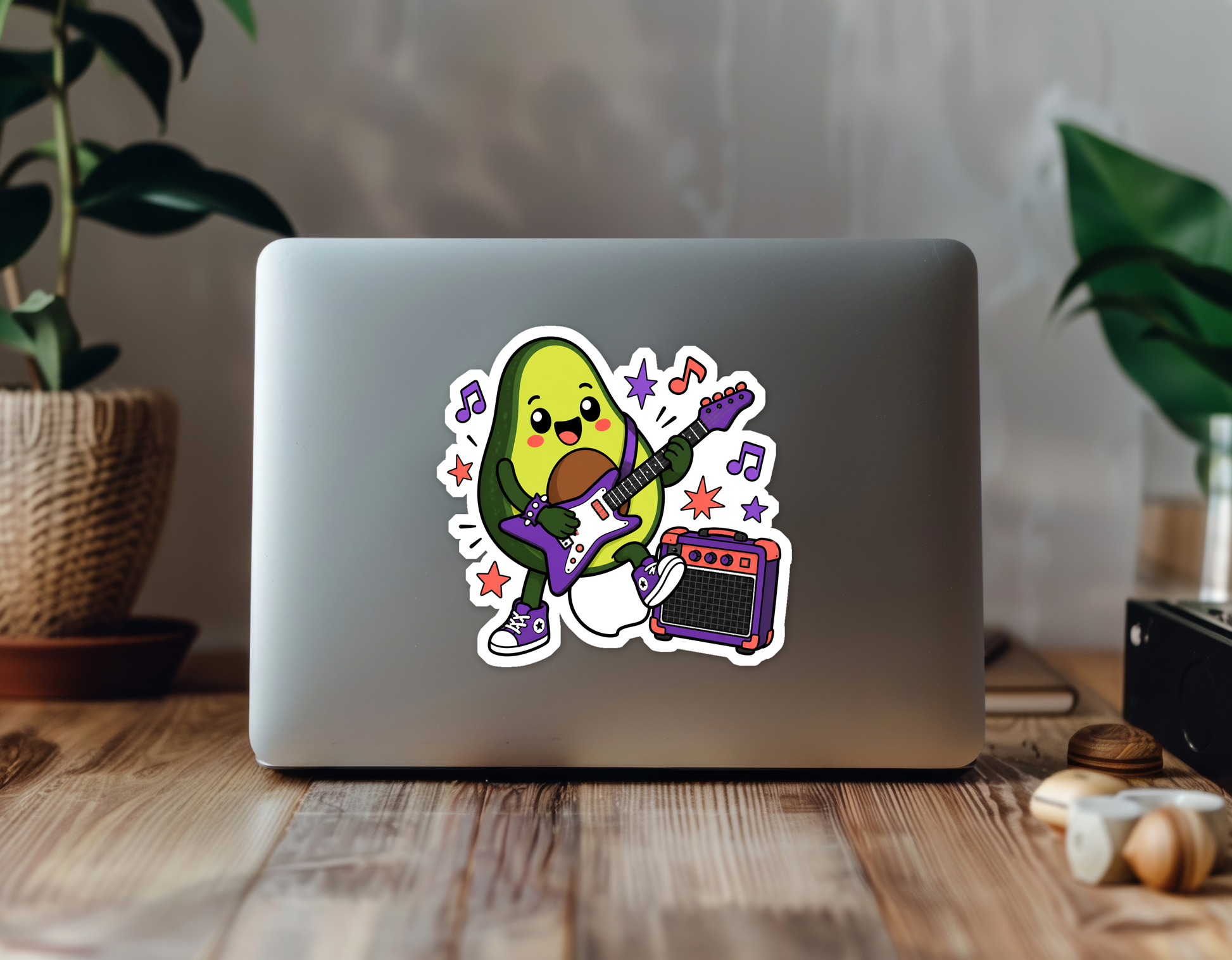 Amped-Up Avocado Rockstar Sticker — Alternate Laptop