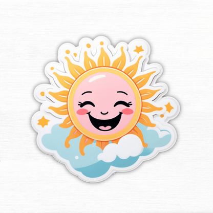 Colorful Serotonin Sunbeam – Positive Mood Aid Sticker featuring a cheerful sun with clouds.
