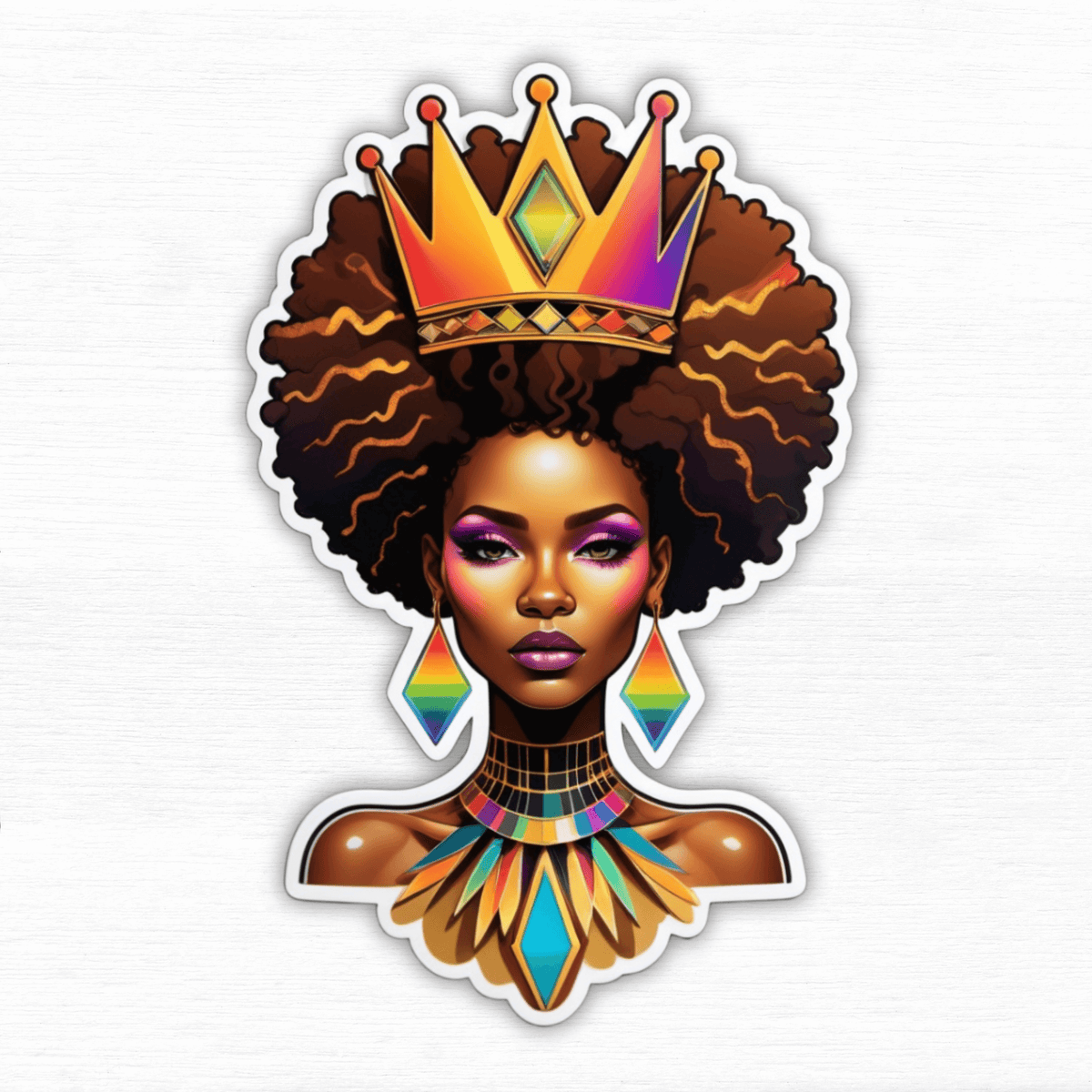 Rainbow Afrofuturist Queen Sticker featuring a crowned queen with vibrant hair and colorful jewelry design.