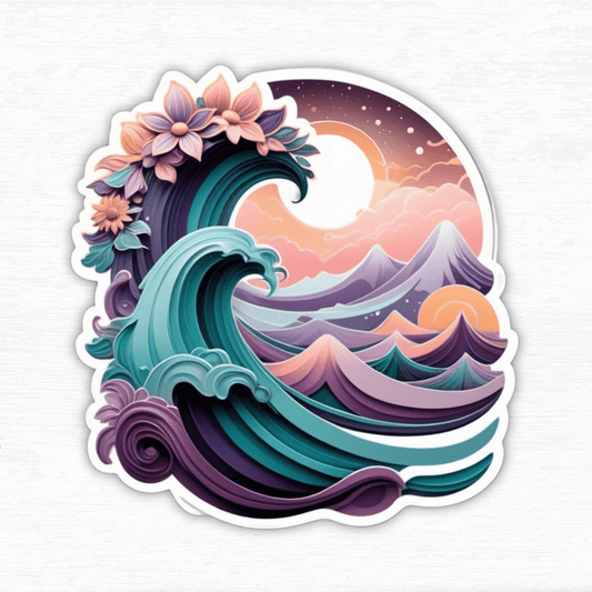 Colorful Cosmic Dreamwave Abstract Sticker featuring waves and mountains design in vibrant colors.