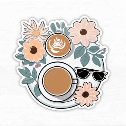 Aesthetic Brunch Babe Sticker featuring coffee, flowers, and sunglasses design