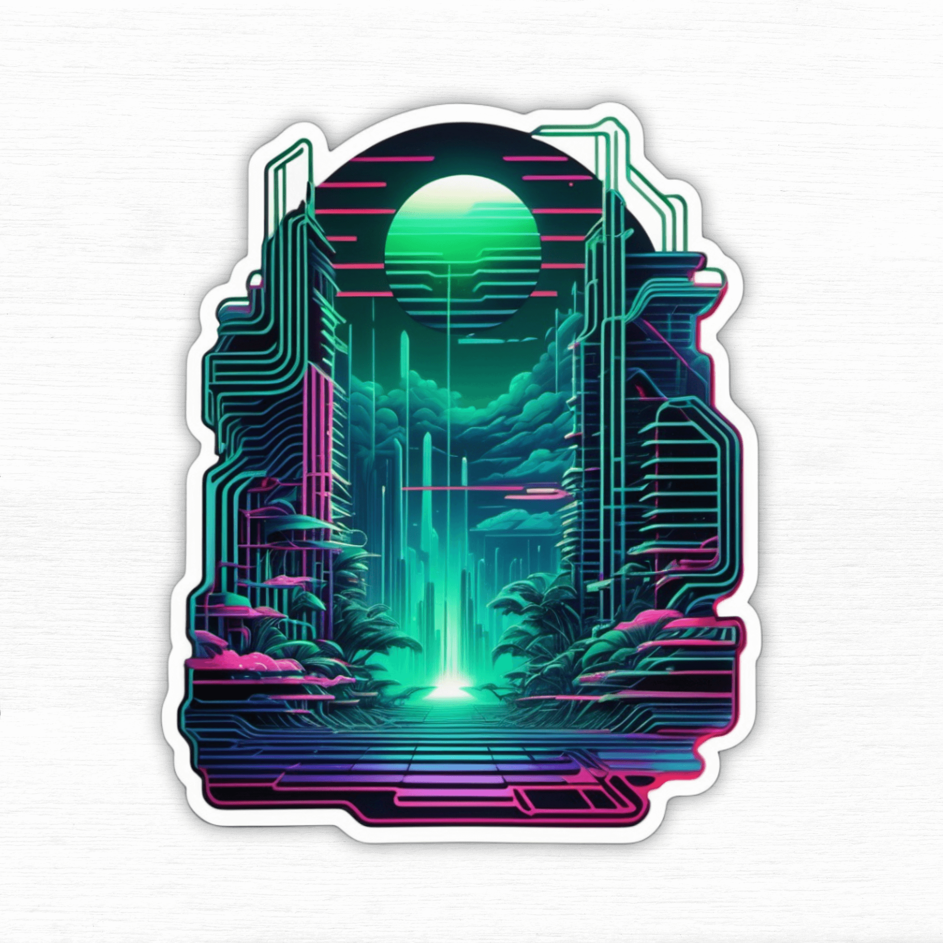 NFT Coded Reality – Glitch Tech Layers Sticker featuring vibrant neon cityscape design.