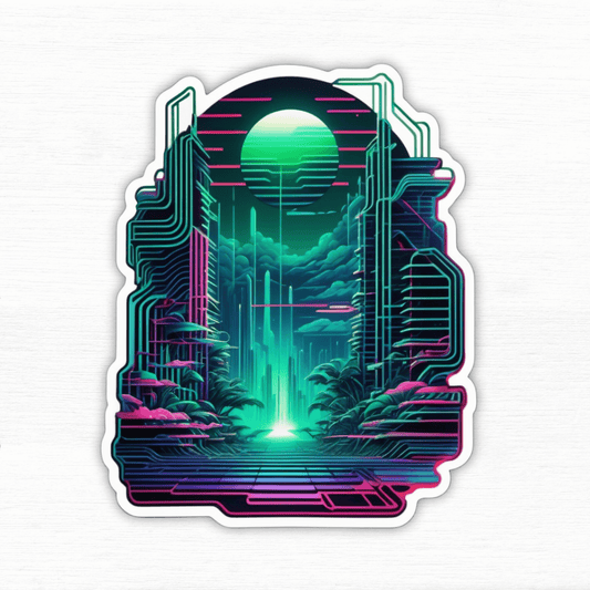 NFT Coded Reality – Glitch Tech Layers Sticker featuring vibrant neon cityscape design.