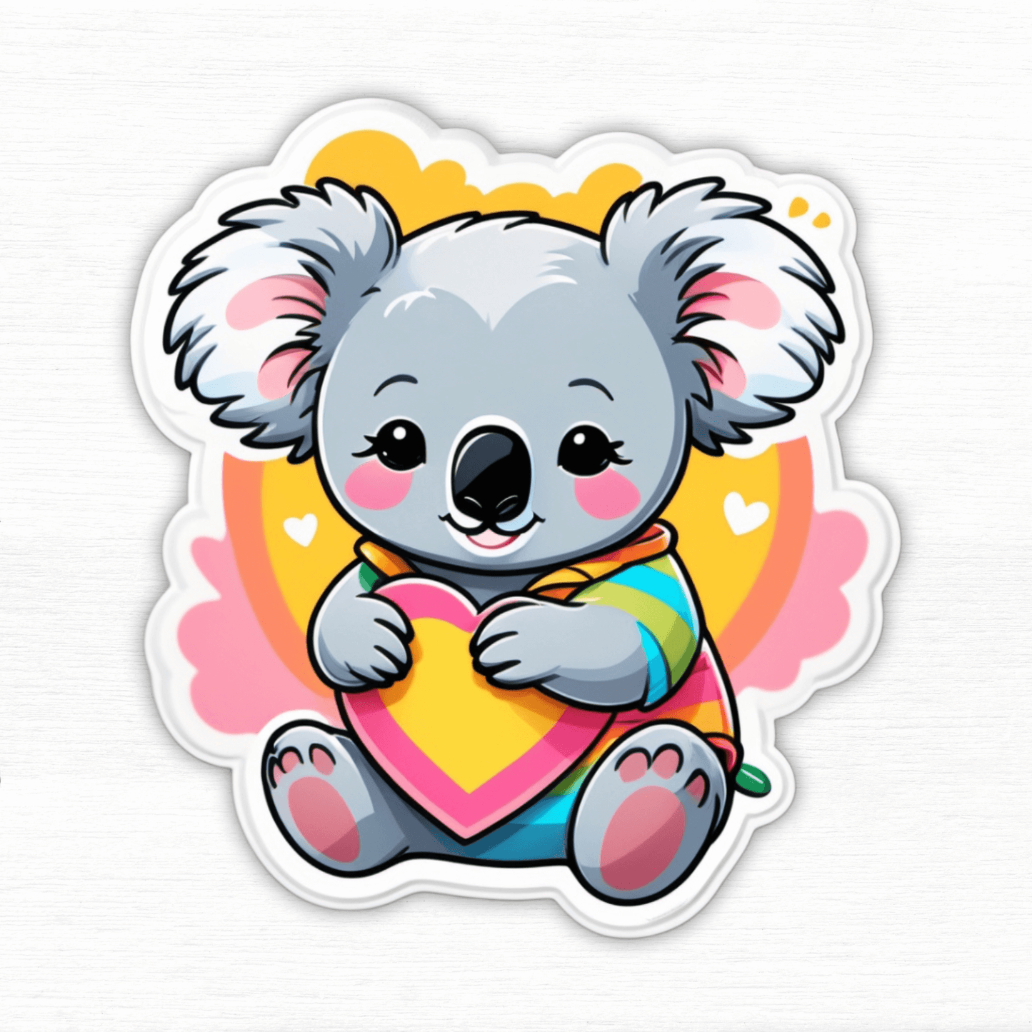 Rainbow Koala Hug Vinyl Sticker featuring a cute koala holding a heart, colorful design, perfect for decoration.