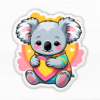 Rainbow Koala Hug Vinyl Sticker featuring a cute koala holding a heart, colorful design, perfect for decoration.