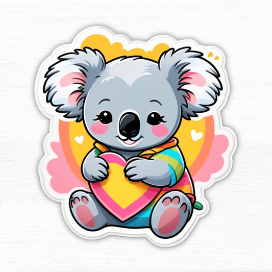 Rainbow Koala Hug Vinyl Sticker featuring a cute koala holding a heart, colorful design, perfect for decoration.